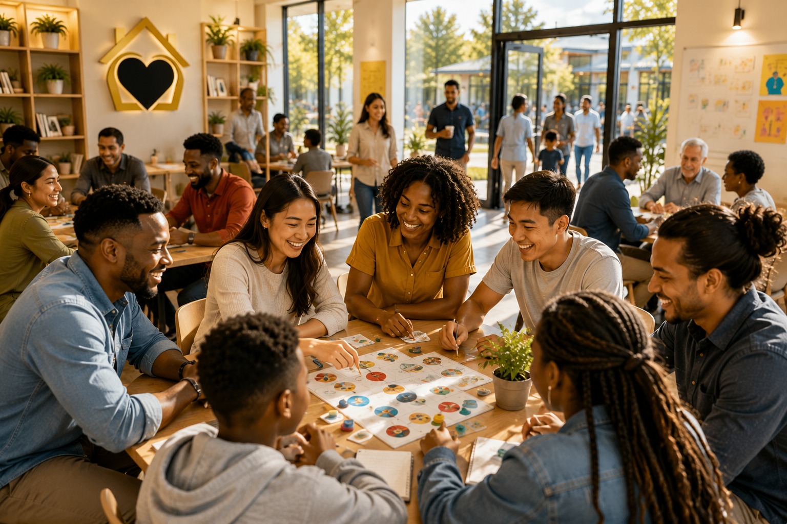 A diverse group sharing ideas, encouragement, and laughter around a table